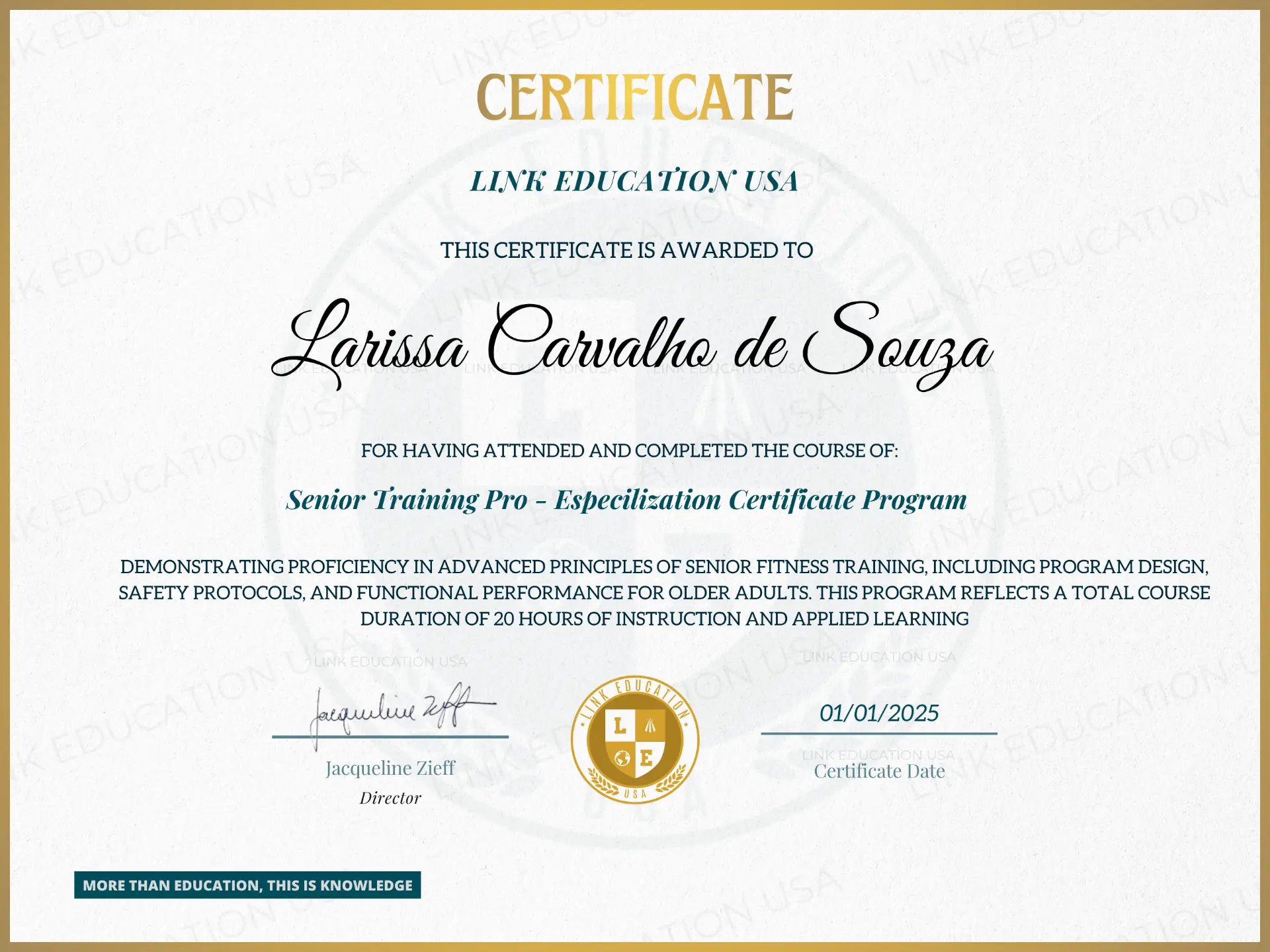 Modelo do Certificado Americano do curso Senior Training Pro emitido pela Link Education USA